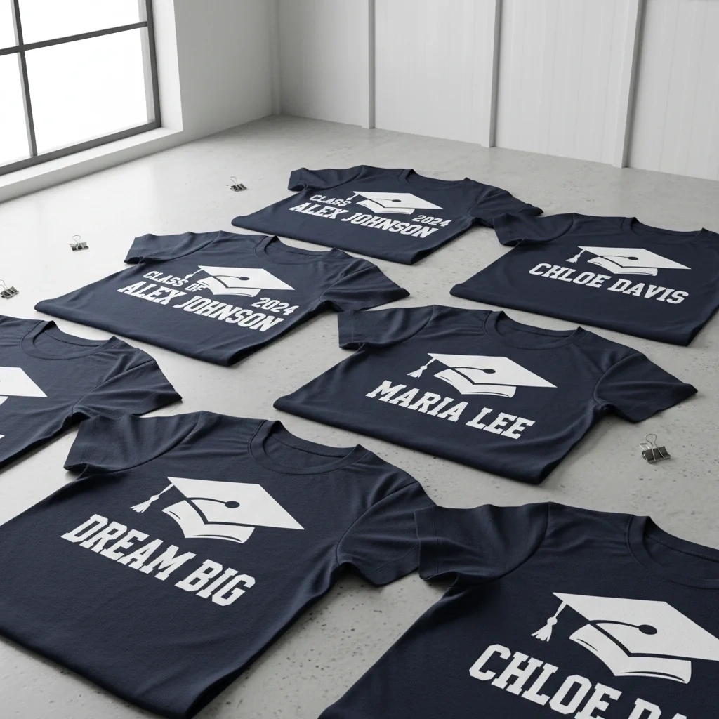 Abschluss-Shirts mit DTF-Druck — Class of 2025 Designs auf weißen T-Shirts, Siluri Regensburg