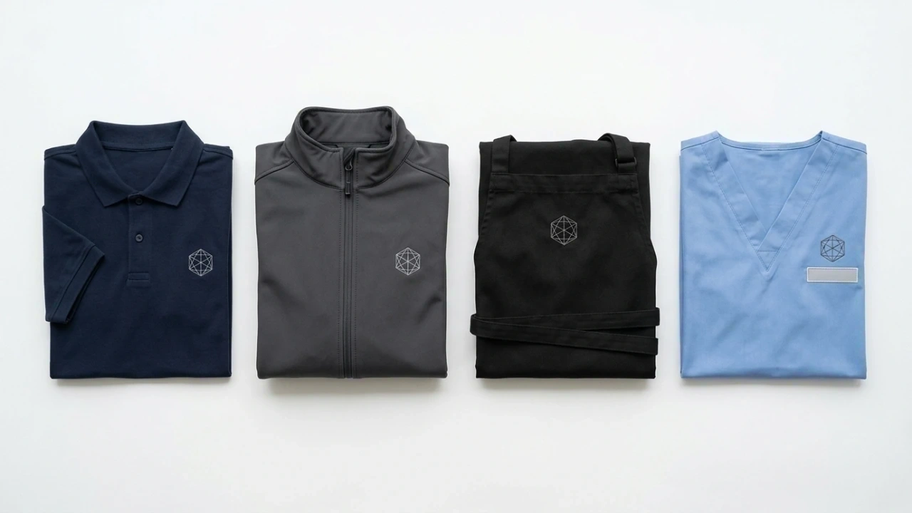 Verschiedene Berufsbekleidungsstücke mit gesticktem Firmenlogo nebeneinander aufgehängt