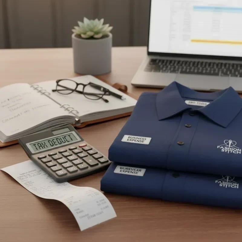 Quittung und Taschenrechner neben bestickten Arbeitshemden