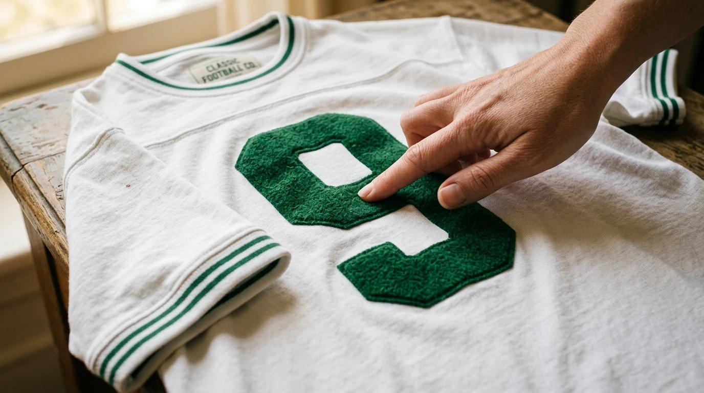 Flockdruck Rückennummer auf weißem Trikot — samtweiche Oberfläche