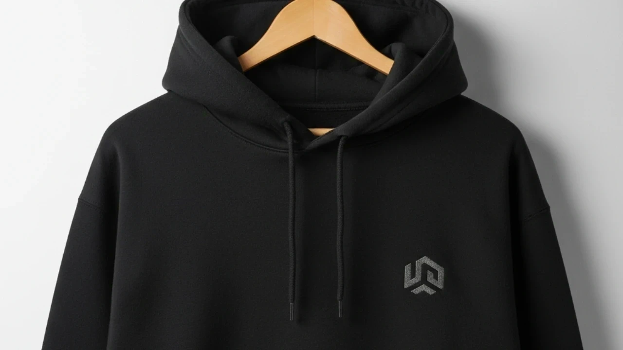 Hoodie mit gesticktem Logo auf der Brust, aufgehängt in einer Werkstatt