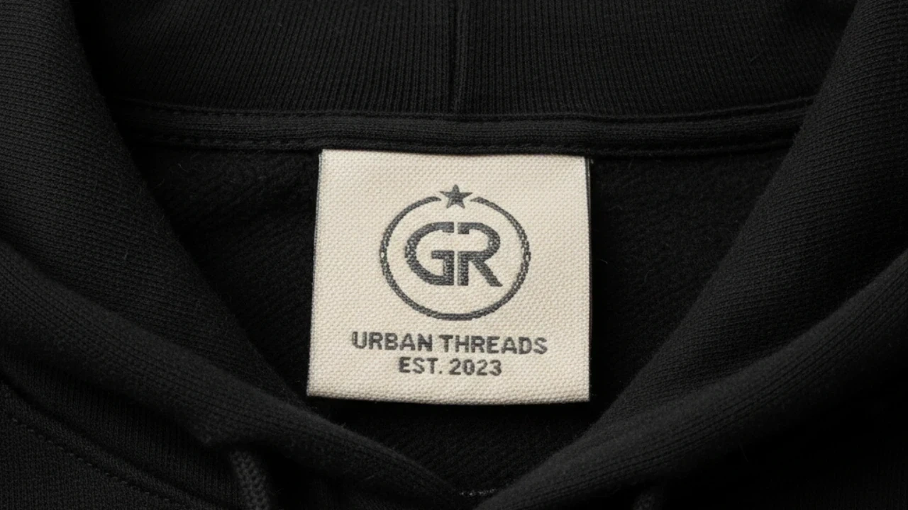 Nahaufnahme eines gewebten Nackenlabels mit Markenlogo in einem schwarzen Hoodie