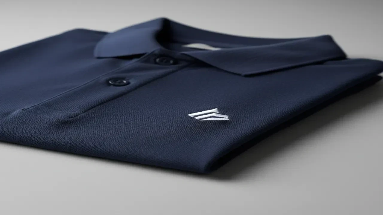 Gesticktes Firmenlogo auf der Brust eines dunkelblauen Poloshirts