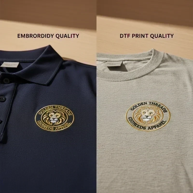 Besticktes Poloshirt neben DTF-bedrucktem T-Shirt