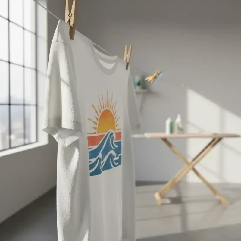 Frisch gewaschenes bedrucktes T-Shirt auf Wäscheleine