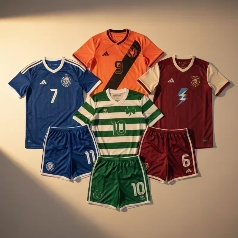 Vereinstrikots mit Nummern und Logo in verschiedenen Farben