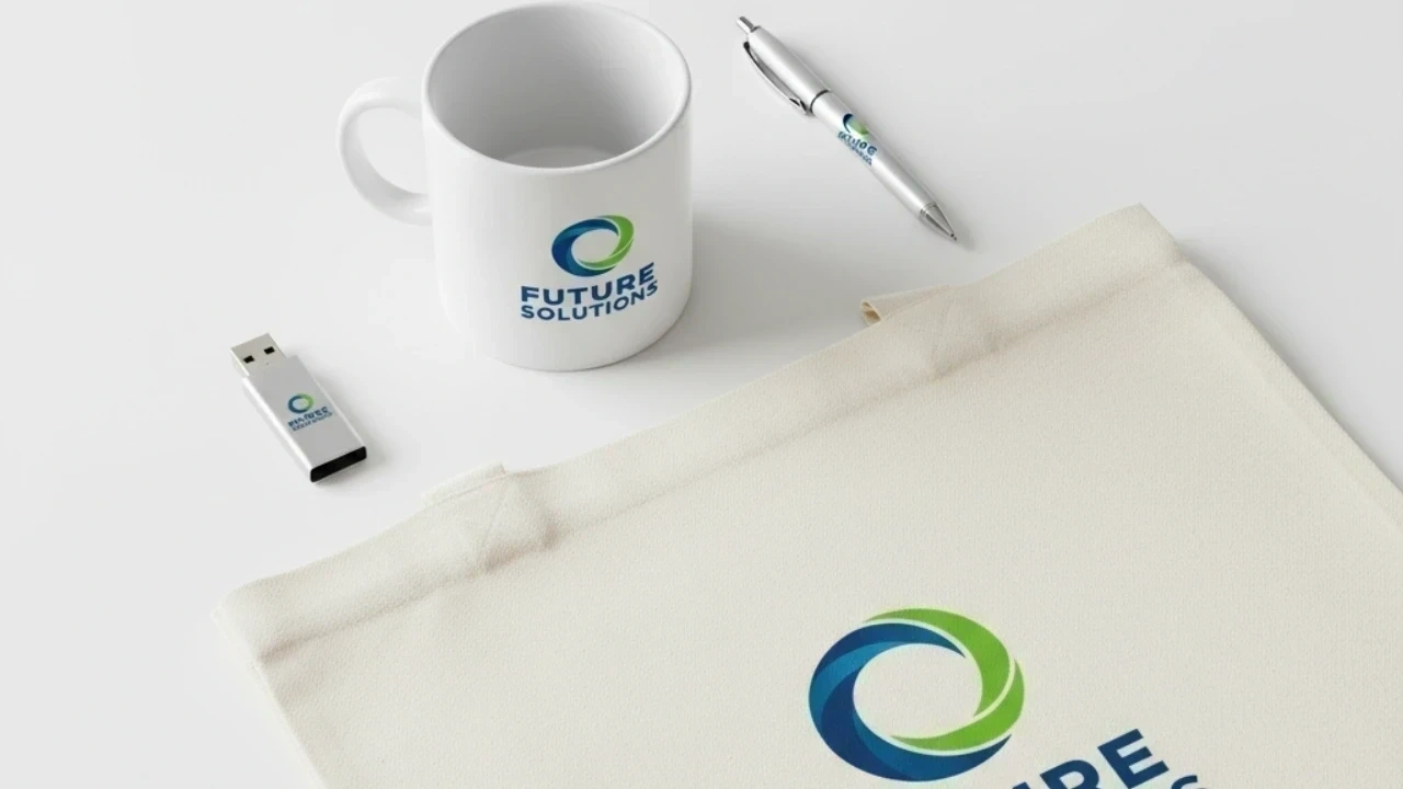 Verschiedene Werbeartikel mit Logo auf hellem Tisch: Tasse, Kugelschreiber, Tasche, USB-Stick