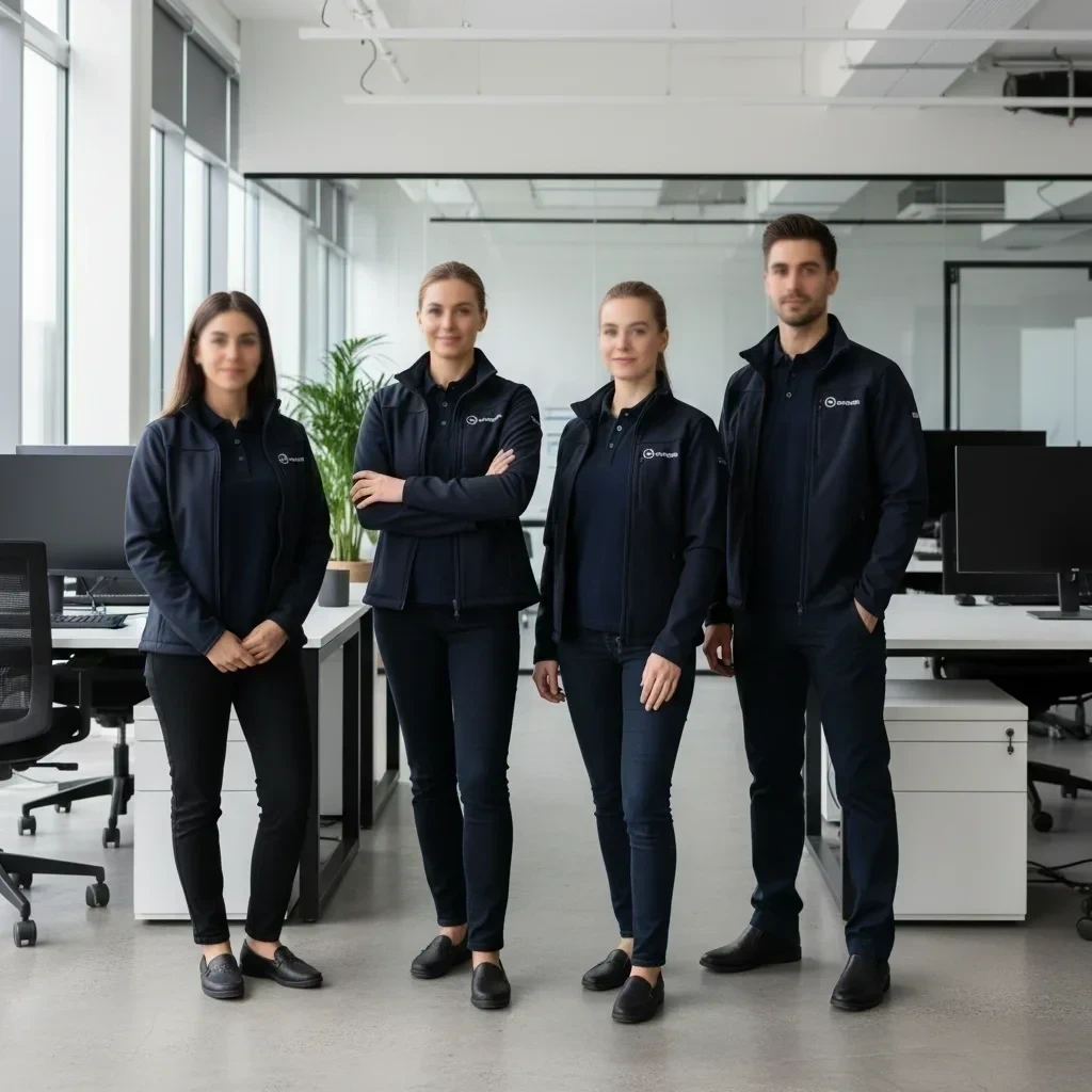 Team in einheitlicher Firmenbekleidung mit besticktem Logo in modernem Büro