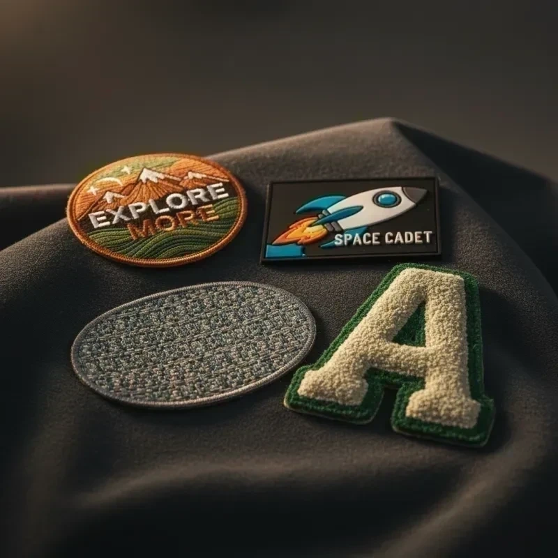 Verschiedene Custom Patches — gestickt, PVC, gewebt, Chenille — auf dunklem Stoff arrangiert