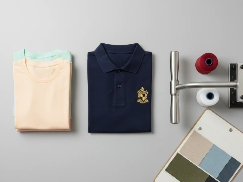 Textilveredelung Werkstatt — Polo mit Sticklogo, Farbkarten und Garnrollen